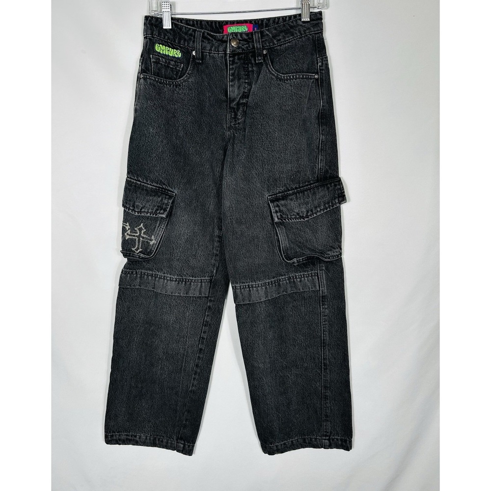 Empyre Jeans Womens 2 Black Cargo Y2K Streetwear Skate Loose Fit Baggy Crosses